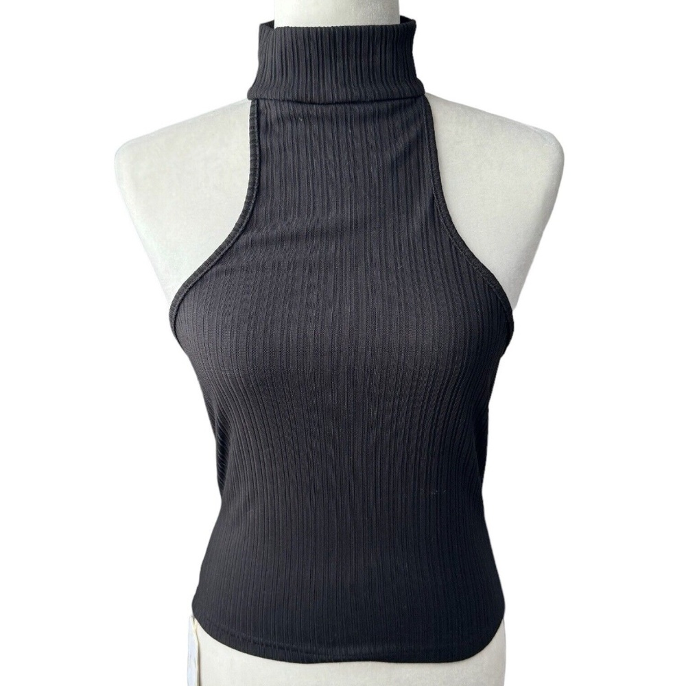 Commense Mock Neck Oblique Cutout Rib Knit Top size M